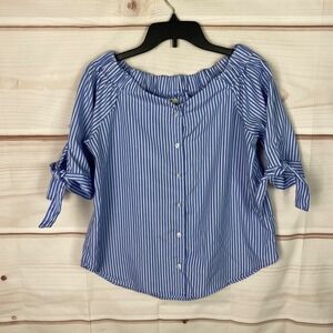 Haute Project Top Womens M Blue White Stripe Blouse Button Up‎ Tie Sleeve Woven